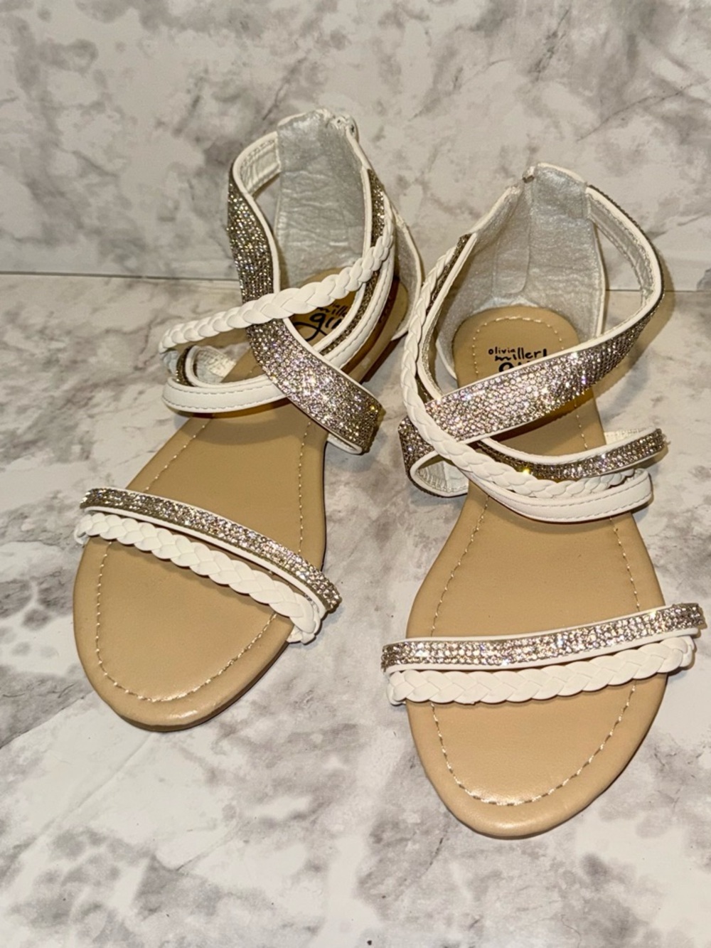 Olivia Miller White Braided Sandals w/ Rhinestones 2Y